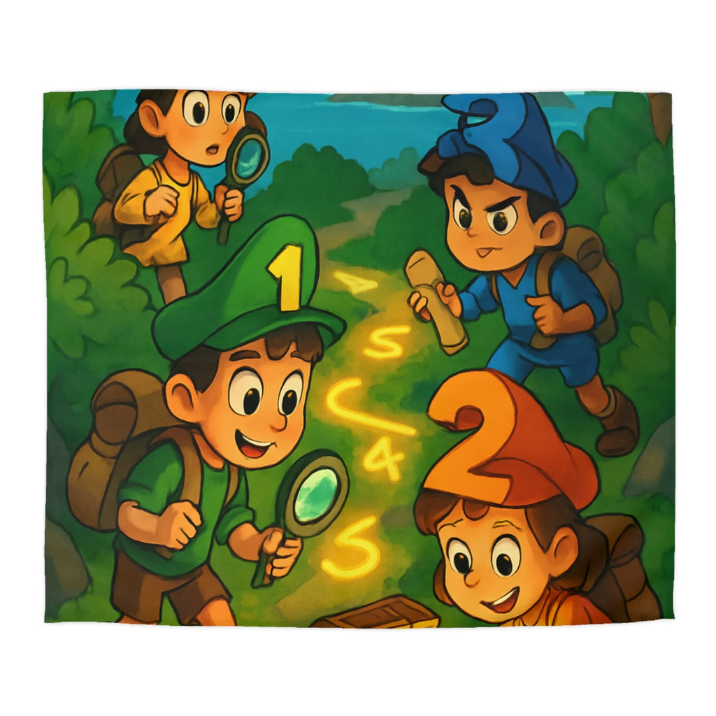 Housse de couette aventure enfants, chasse au trésor avec île et personnages joyeux