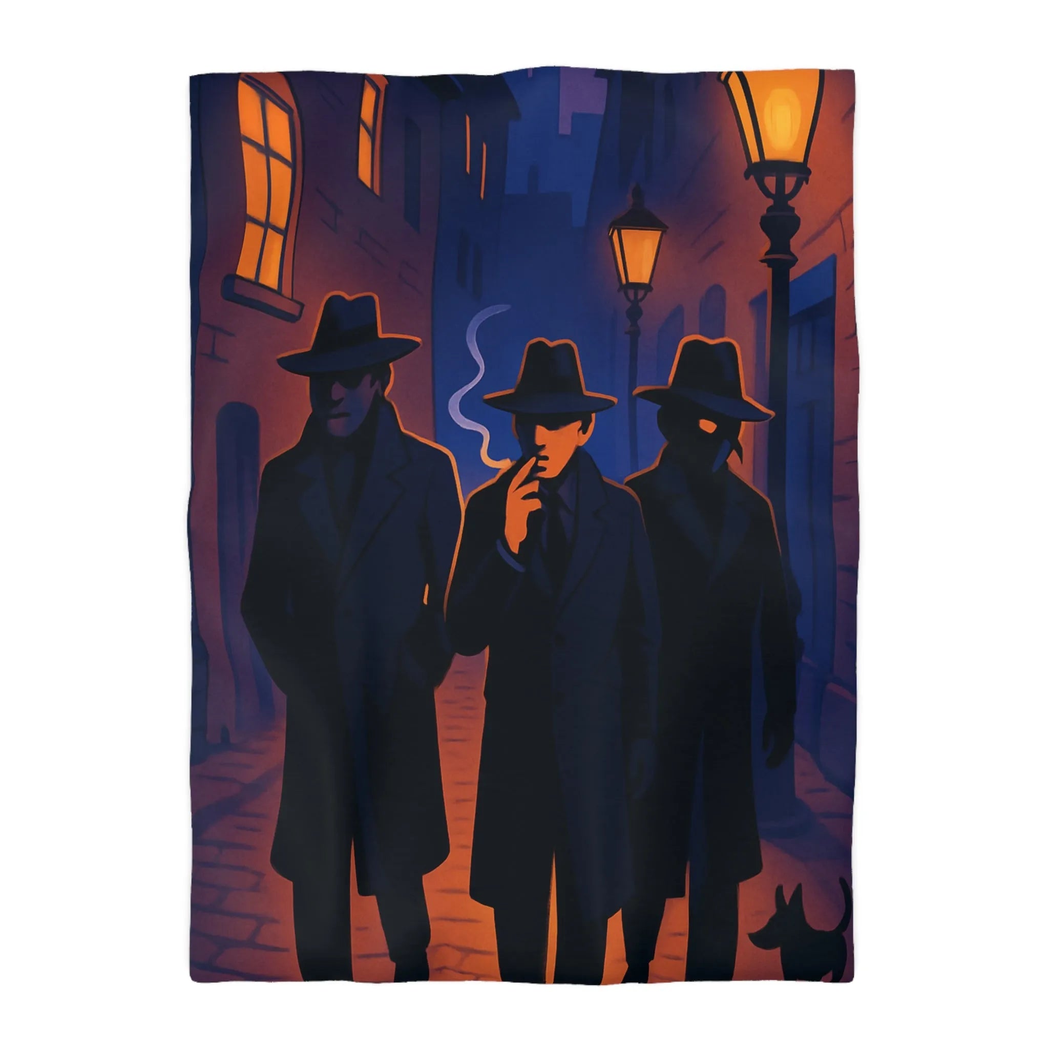 Housse de couette avec scène mystérieuse de détectives en ruelle éclairée par réverbères