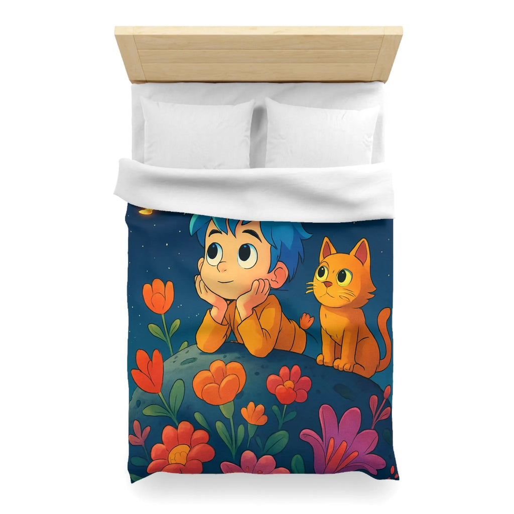 Housse de Couette Enfant Émerveillé Observant Papillons Lumineux sous Ciel Étoilé