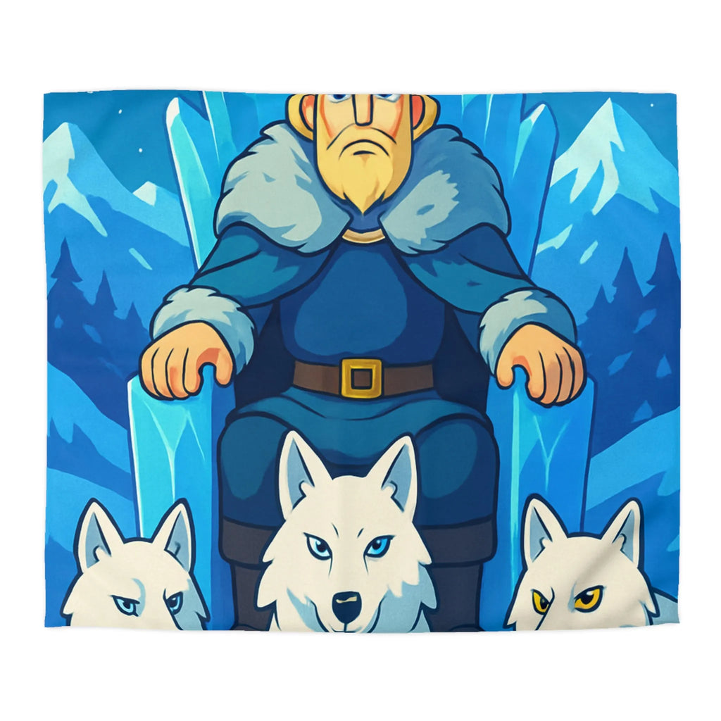 Housse de couette avec roi glacé sur trône de glace entouré de loups blancs