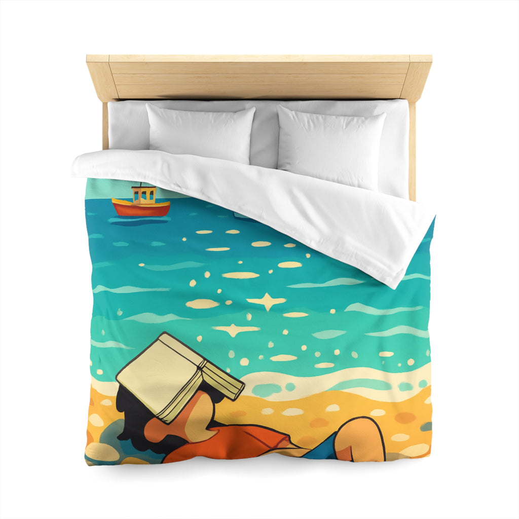 Housse de couette plage relaxante avec enfant, livre et mouettes en été ensoleillé