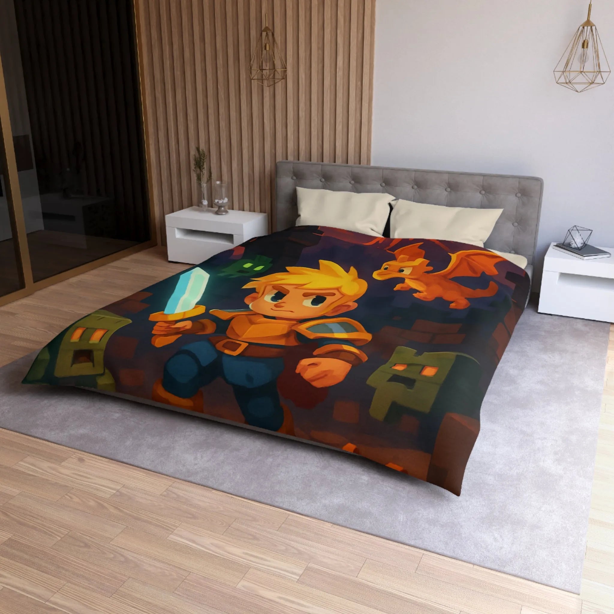 Housse de couette épique avec héros, dragon, volcan en feu et créatures cubiques