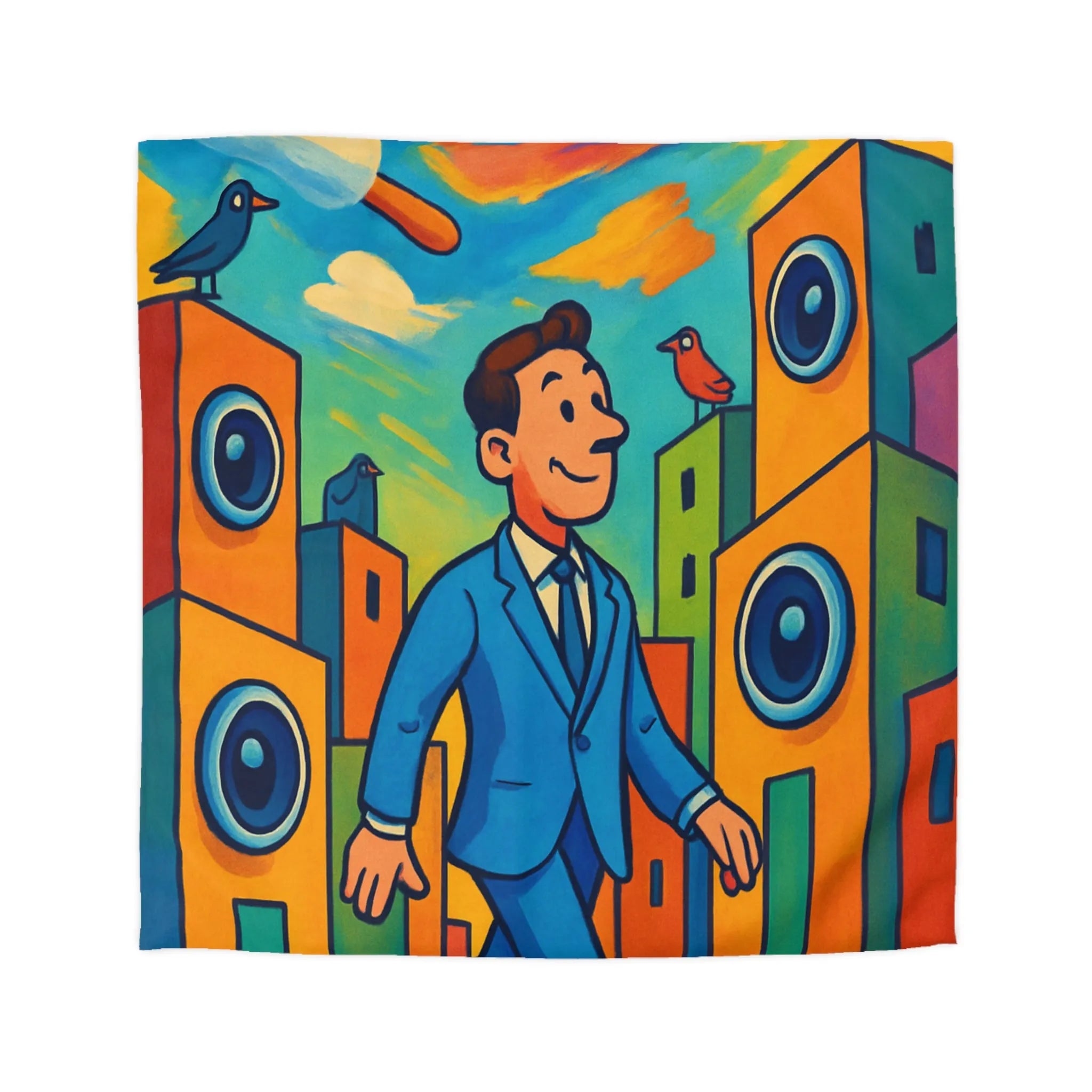 Housse de couette colorée avec homme stylisé marchant dans un paysage urbain coloré