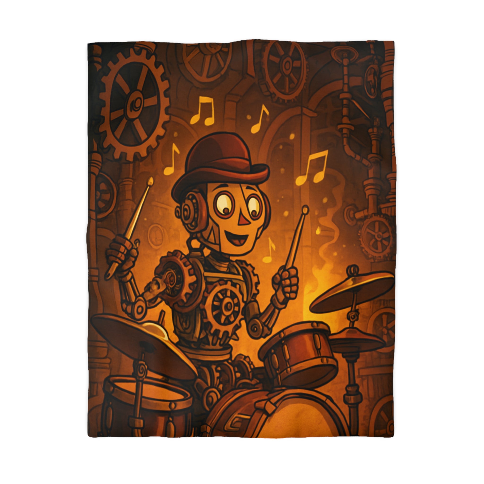 Housse de couette steampunk robot joueur de batterie pour chambre artistique et moderne