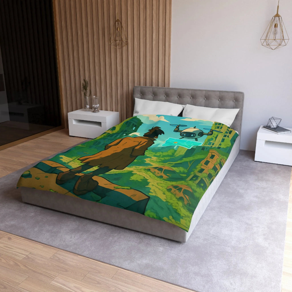 Housse de couette aventure post-apocalyptique avec drone et carte, style urbain nature