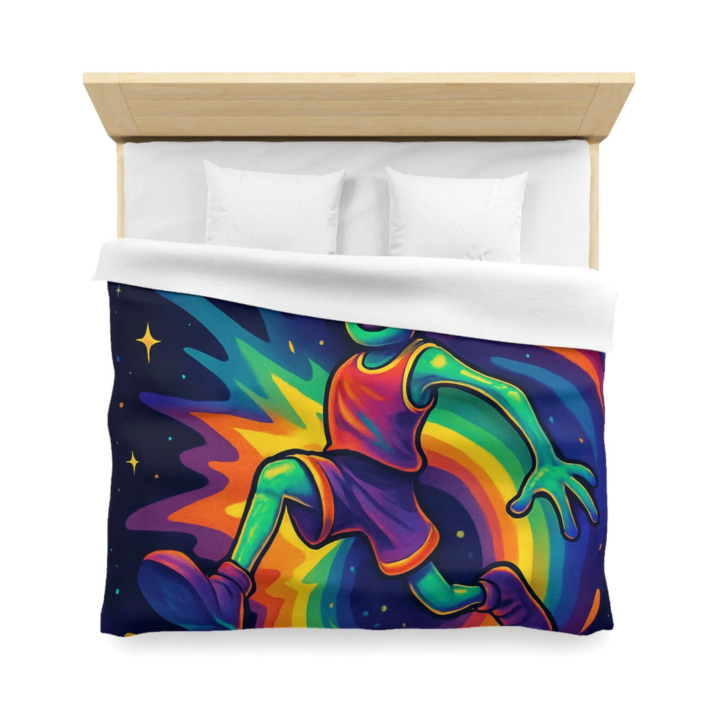 Housse de couette colorée avec alien jouant au basket dans l'espace intergalactique étoilé