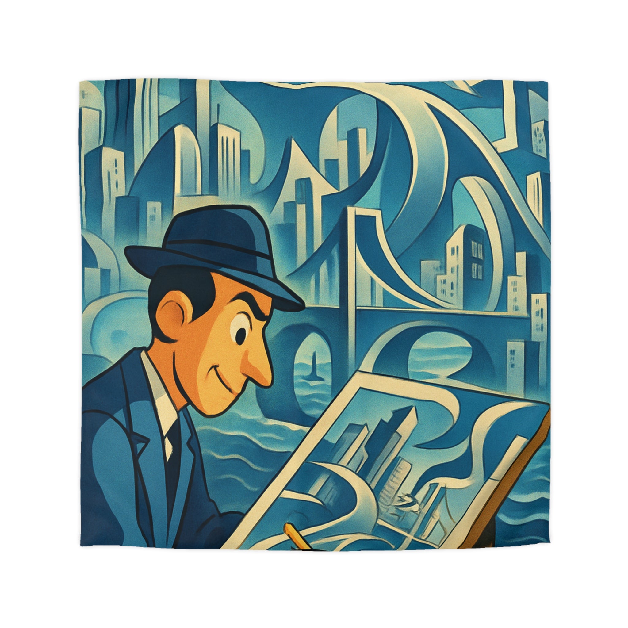 Motifs artistiques urbains bleus et jaunes pour une housse de couette moderne et stylée