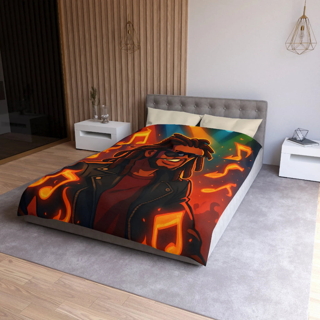 Housse de couette artistique avec musicien animé sous lumières de concert colorées