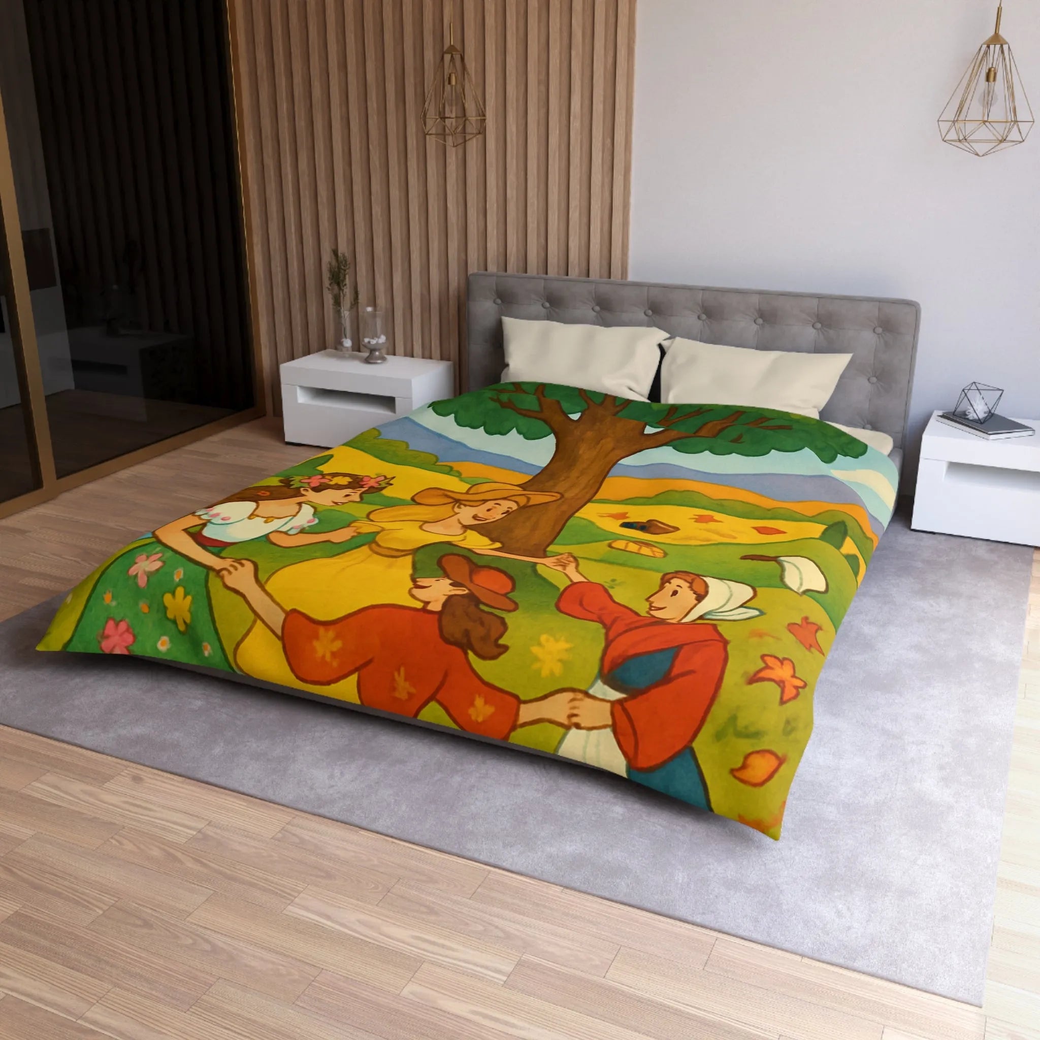 Housse de couette champêtre aux motifs de danseuses rondes et paysage bucolique coloré