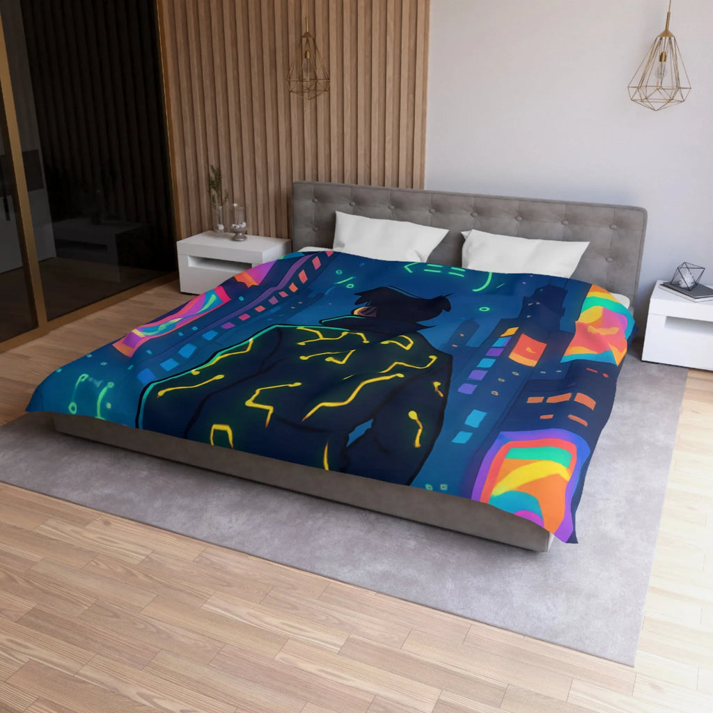 Housse de couette futuriste avec affichage numérique néon dans une ville cyberpunk