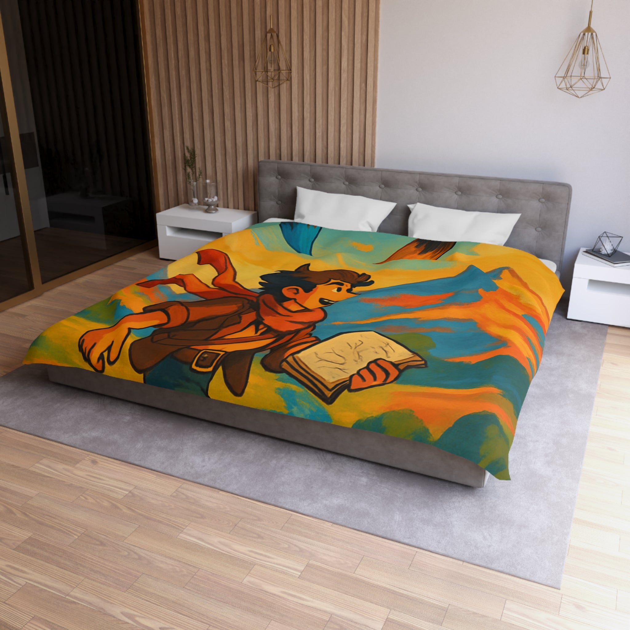 Housse de couette vibrante avec illustration de paysage montagnard et artiste joyeux