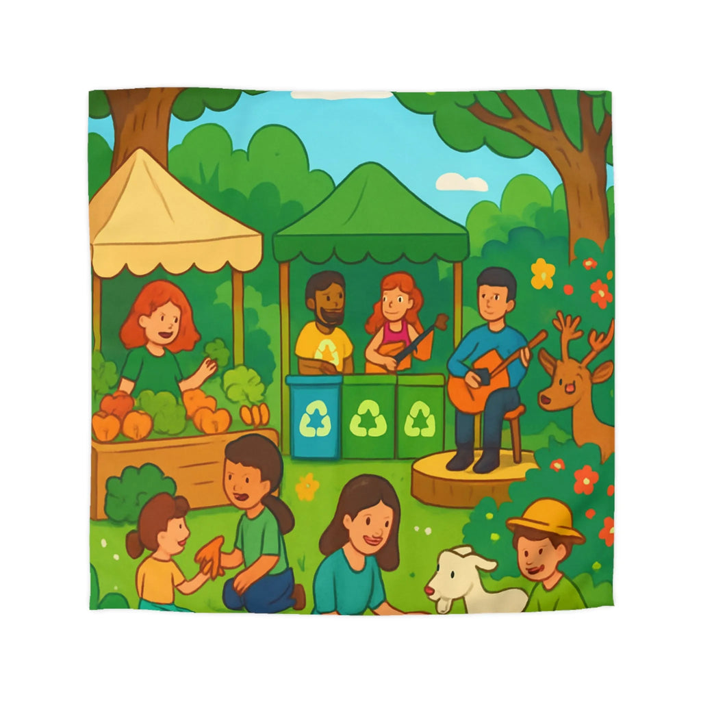 Housse de Couette Enfant Champêtre Animée avec Animaux et Marché en Été