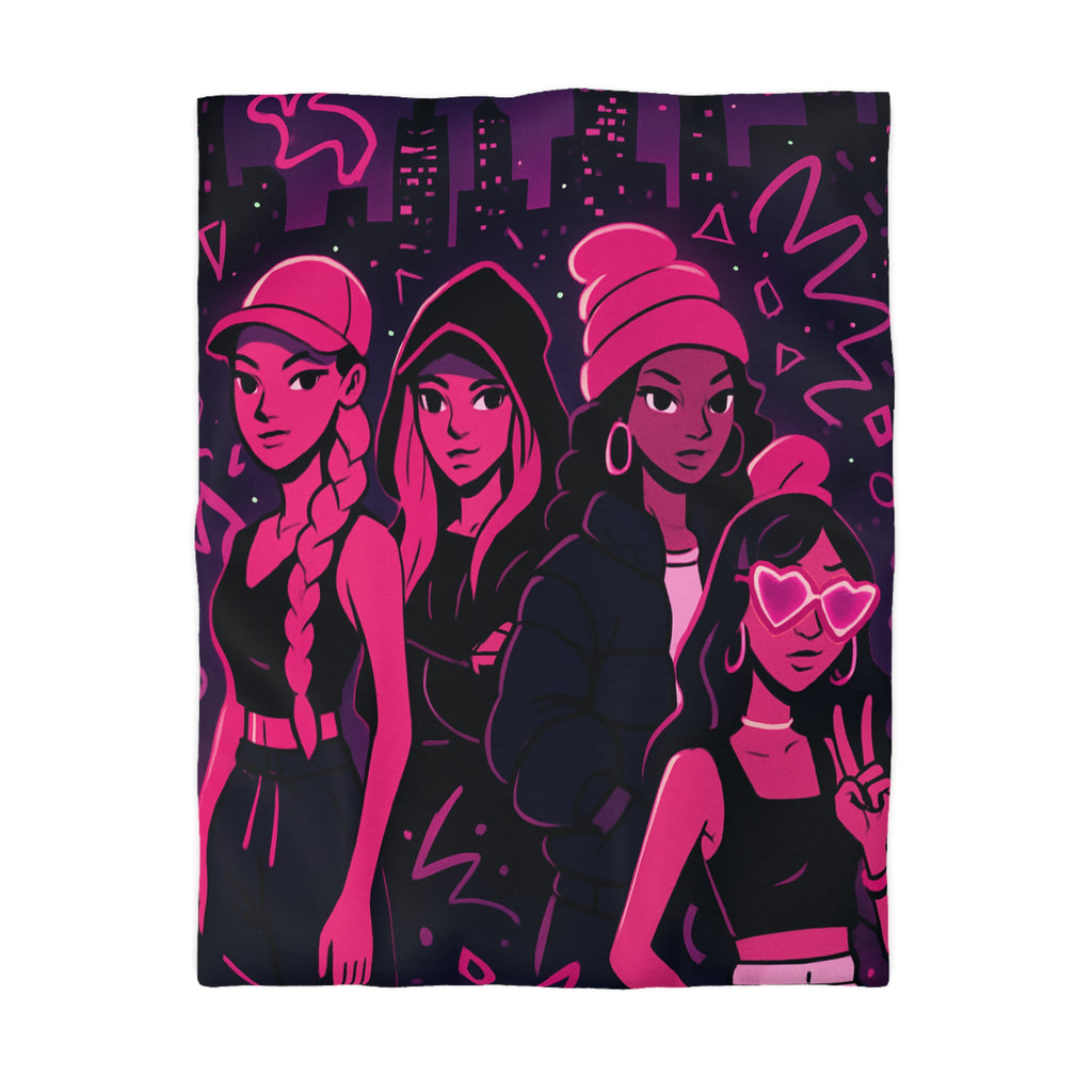 Housse de couette urbaine avec silhouettes féminines et motifs fluorescents nuit étoilée