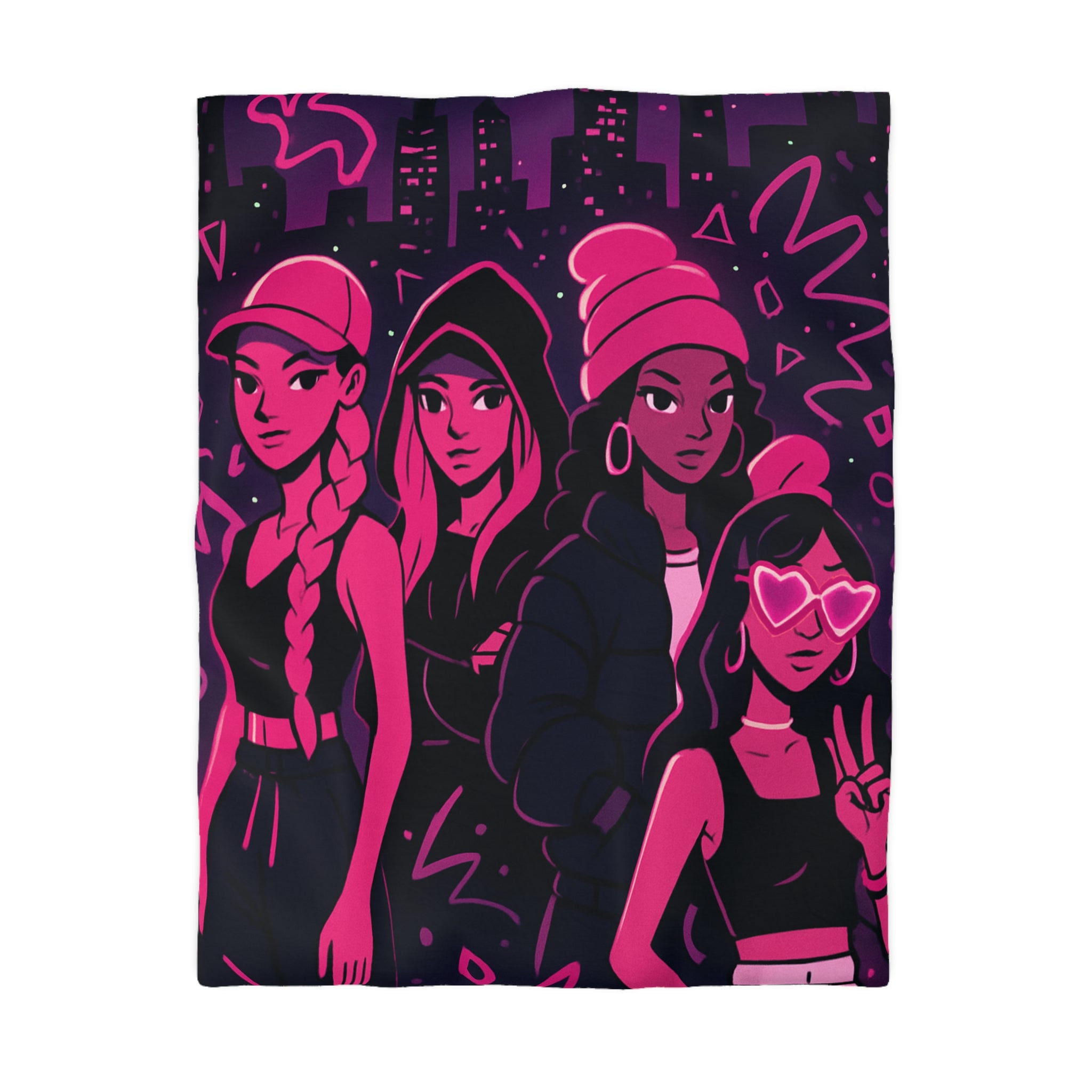 Housse de couette urbaine avec silhouettes féminines et motifs fluorescents nuit étoilée