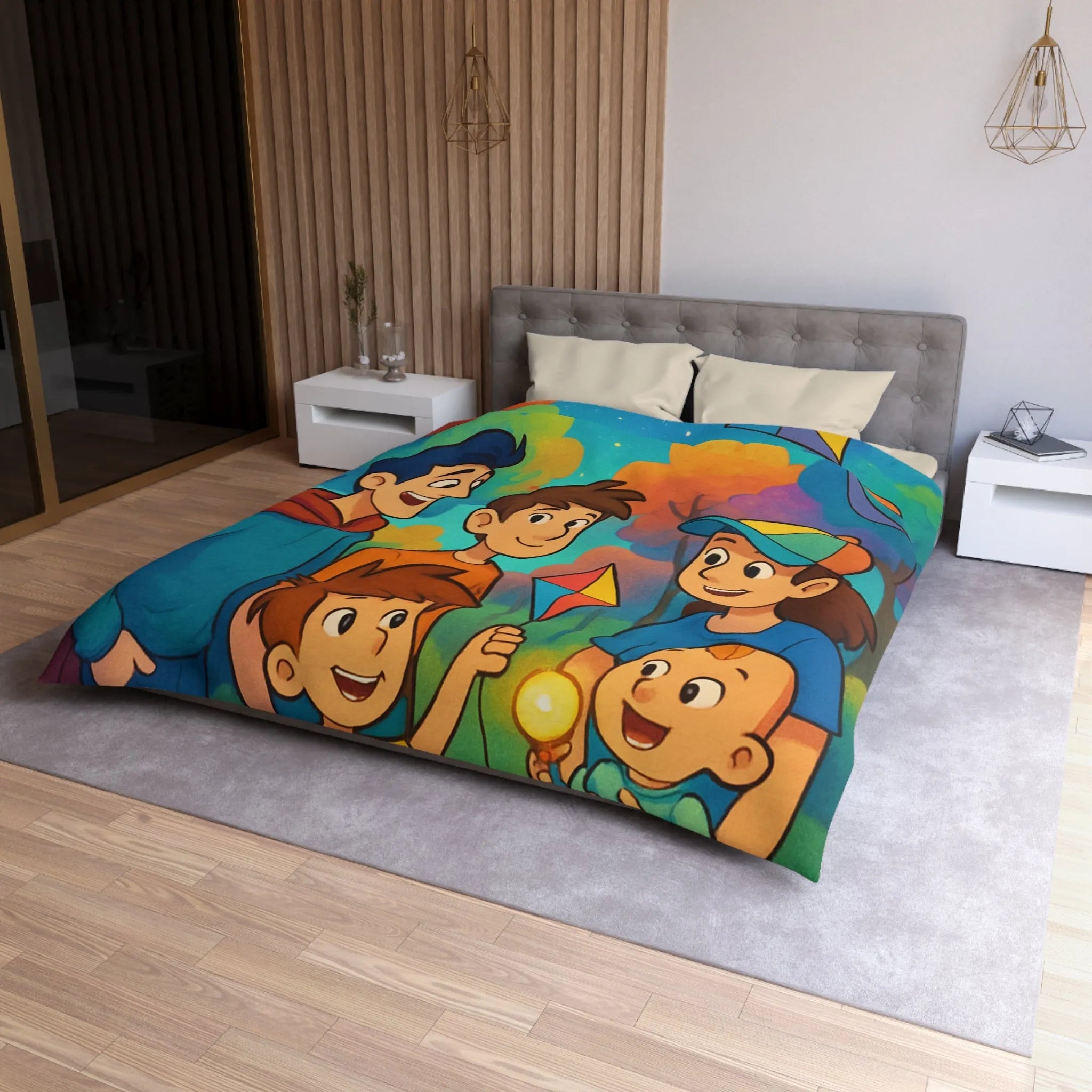 Housse de Couette Enfantine avec Cerfs-Volants et Ciel Étoilé dans Forêt Colorée