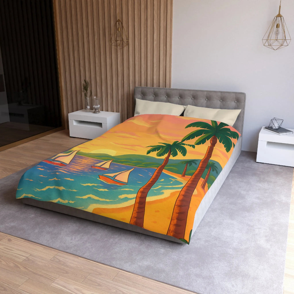 Housse de couette avec motif tropical, plage, palmiers et voiliers au coucher de soleil