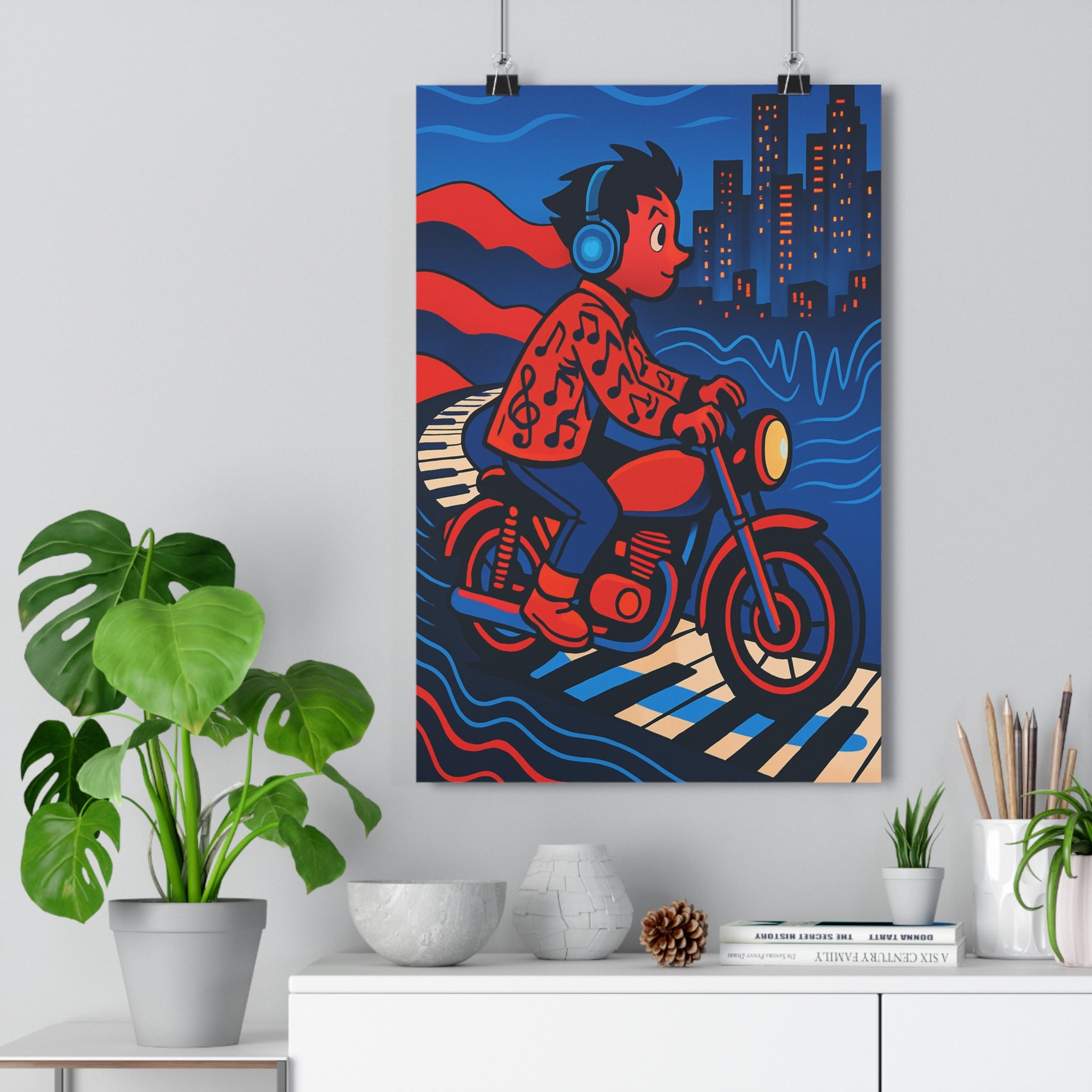 Poster décoratif moderne dynamique rouge bleu aventure chambre créatif mural personnage moto vintage musique