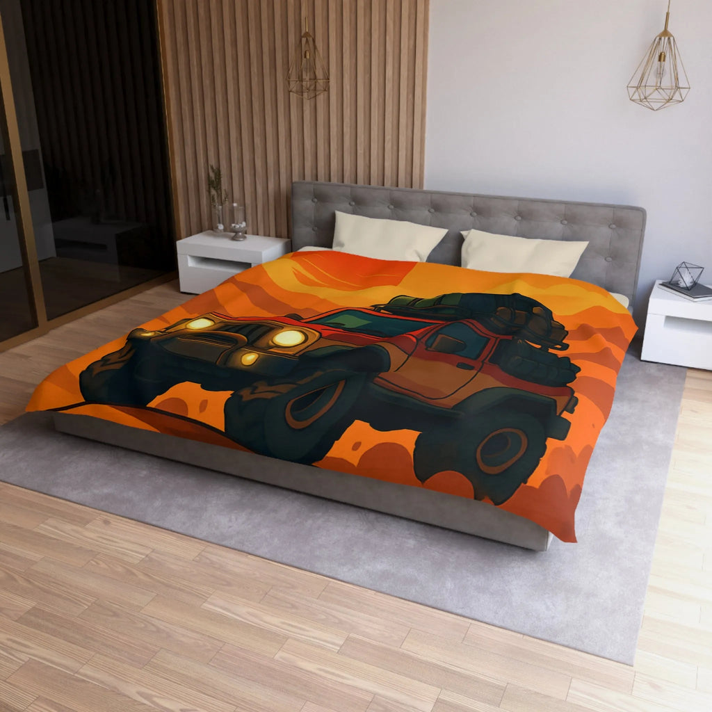 Housse de couette aventure désert rouge avec 4x4 et coucher de soleil éclatant