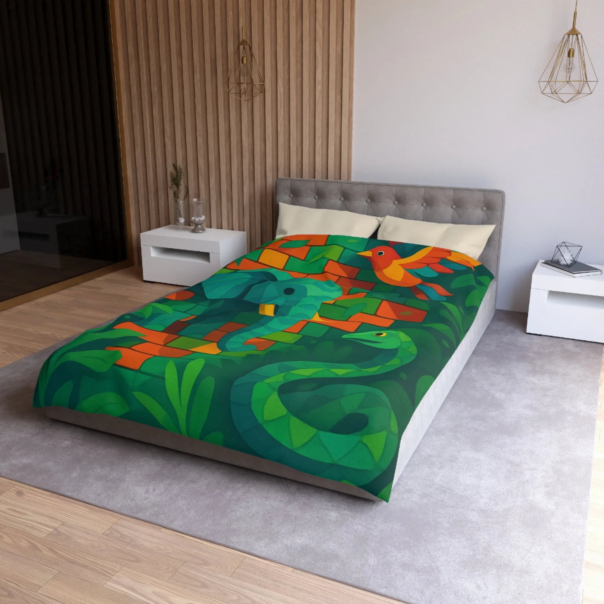 Housse de couette jungle vibrante avec éléphant, oiseau, serpent et feuillage luxuriant