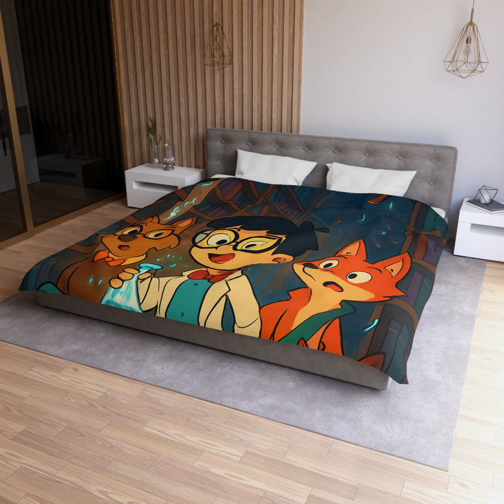 Housse de couette pour enfants avec dessin animé de bibliothèque magique et animaux curieux