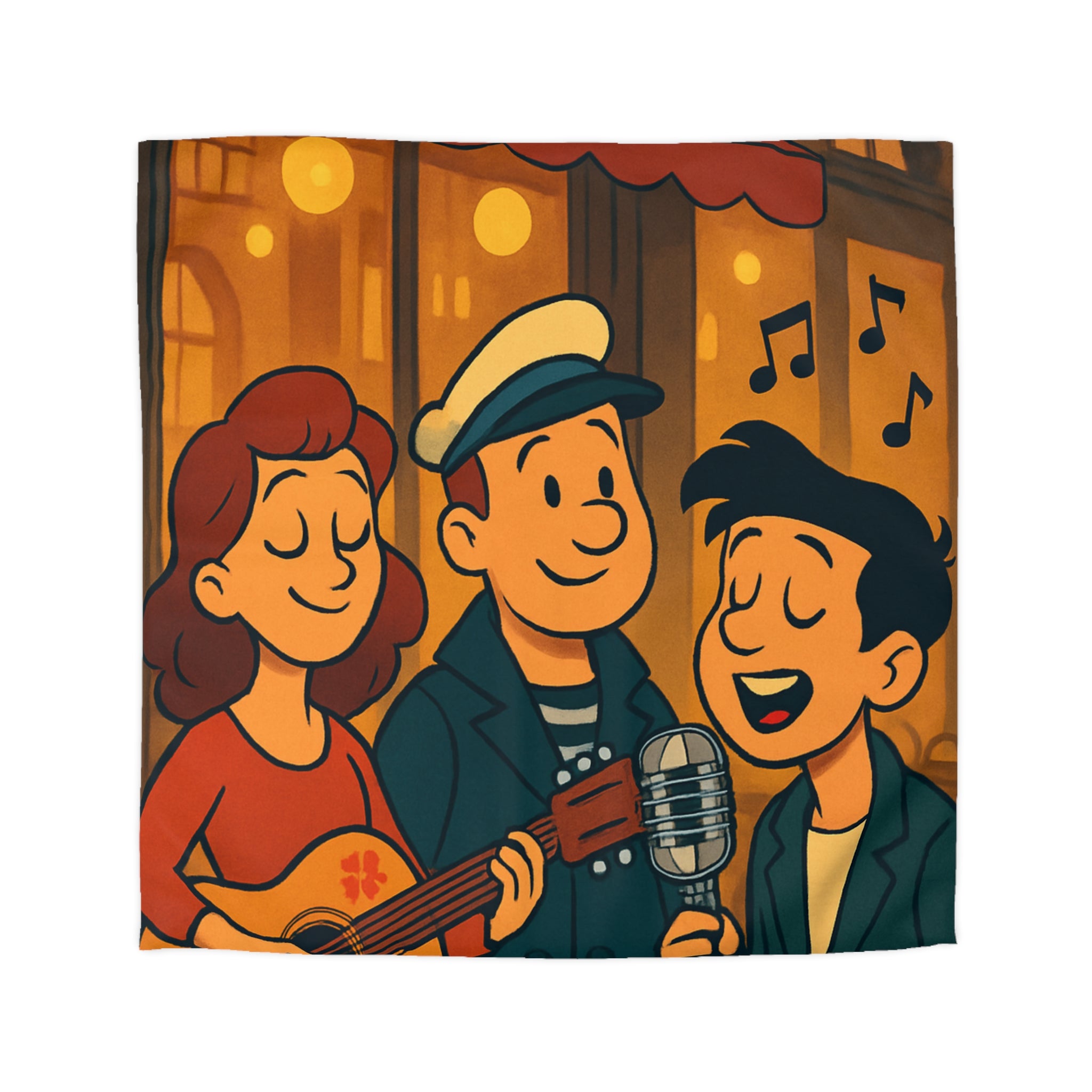 Housse de Couette Vintage avec Scène de Musique de Rue Nocturne et Personnages Colorés