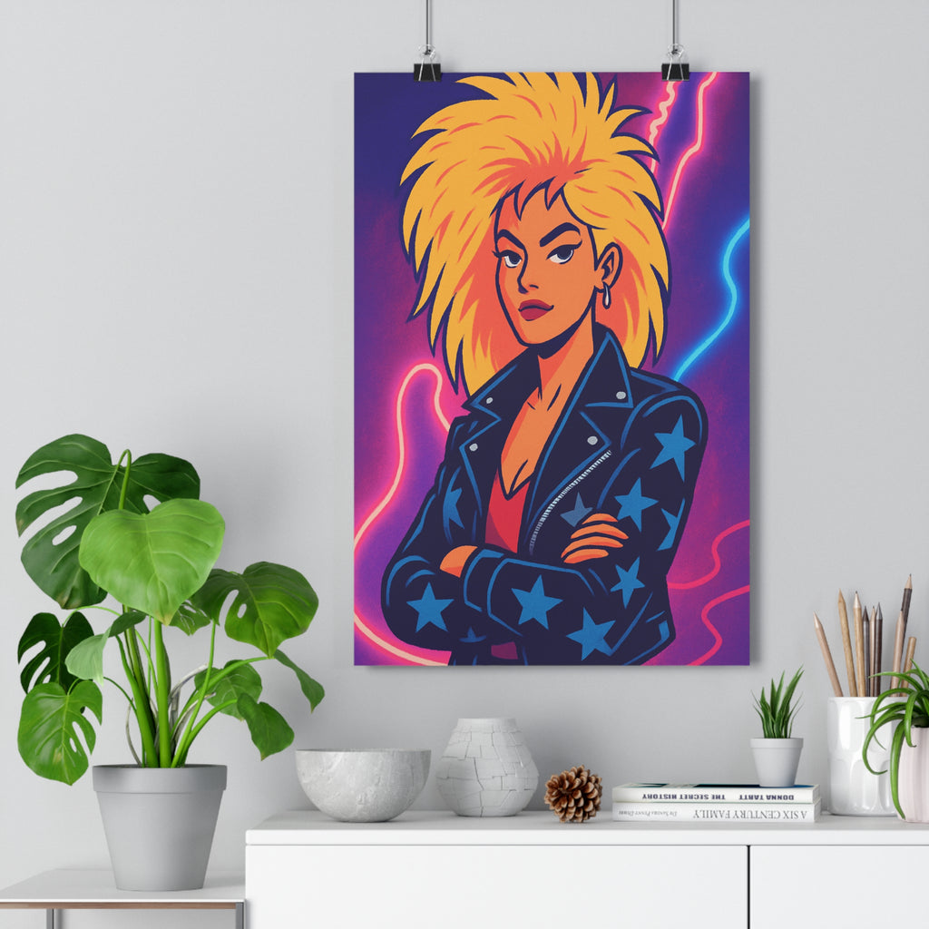 Poster décoratif glamour rock néon cartoon femme blonde cuir salon moderne vibrant 30x46 cm