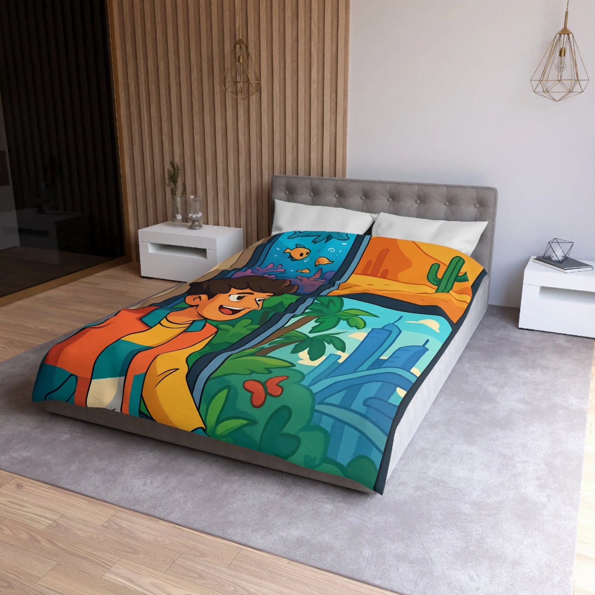 Housse de couette colorée avec paysage marin, désertique et urbain pour chambre d'enfant