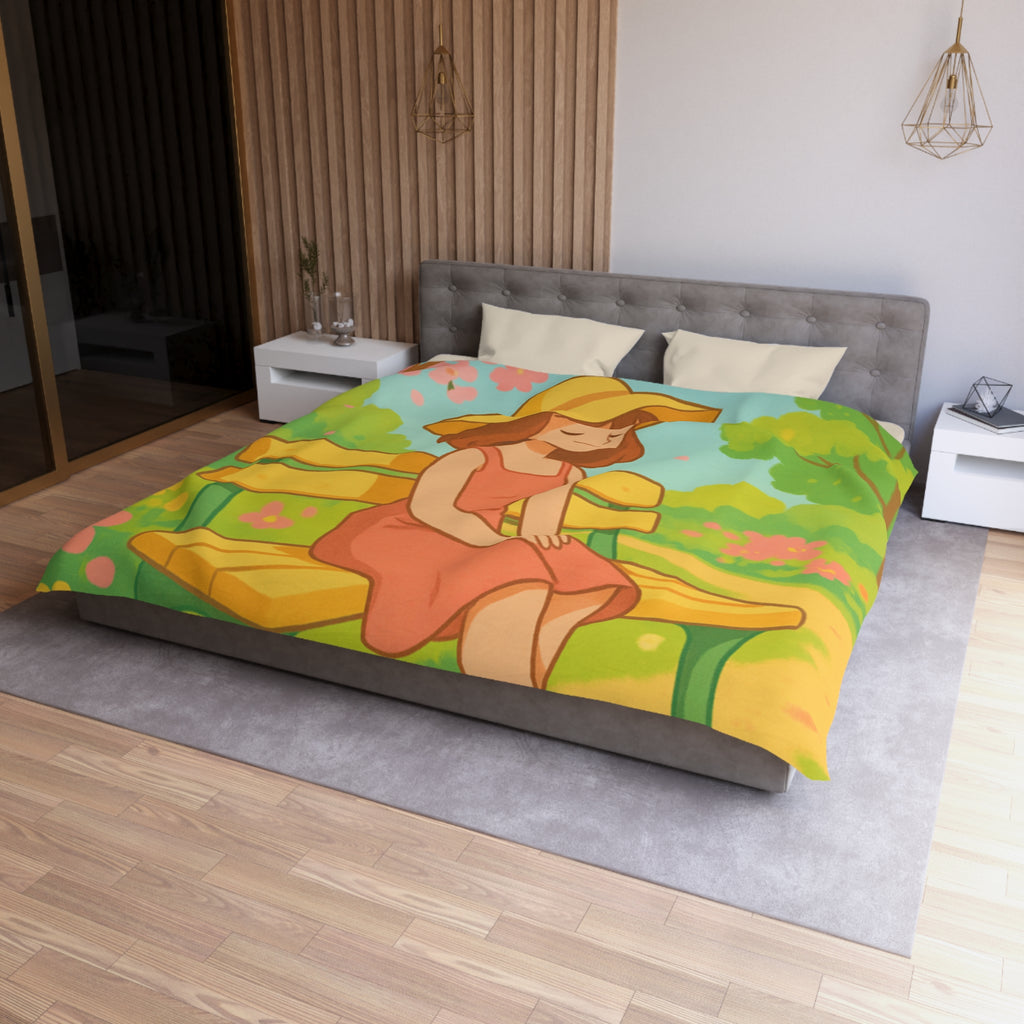 Housse De Couette Motif Printanier Banc Fleurs Ciel Bleu Style Illustration Paisible