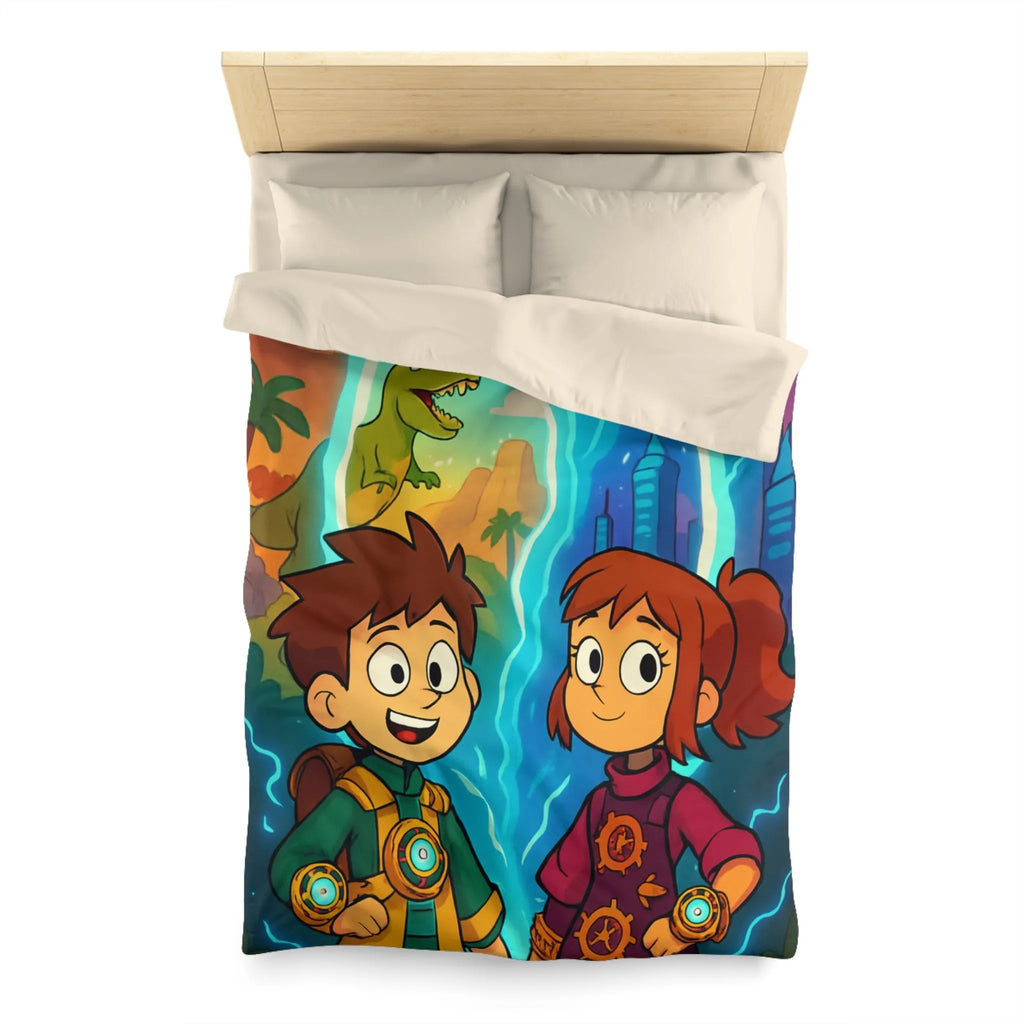 Housse de couette enfants avec illustrations dinosaures et voyage dans le temps passionnant