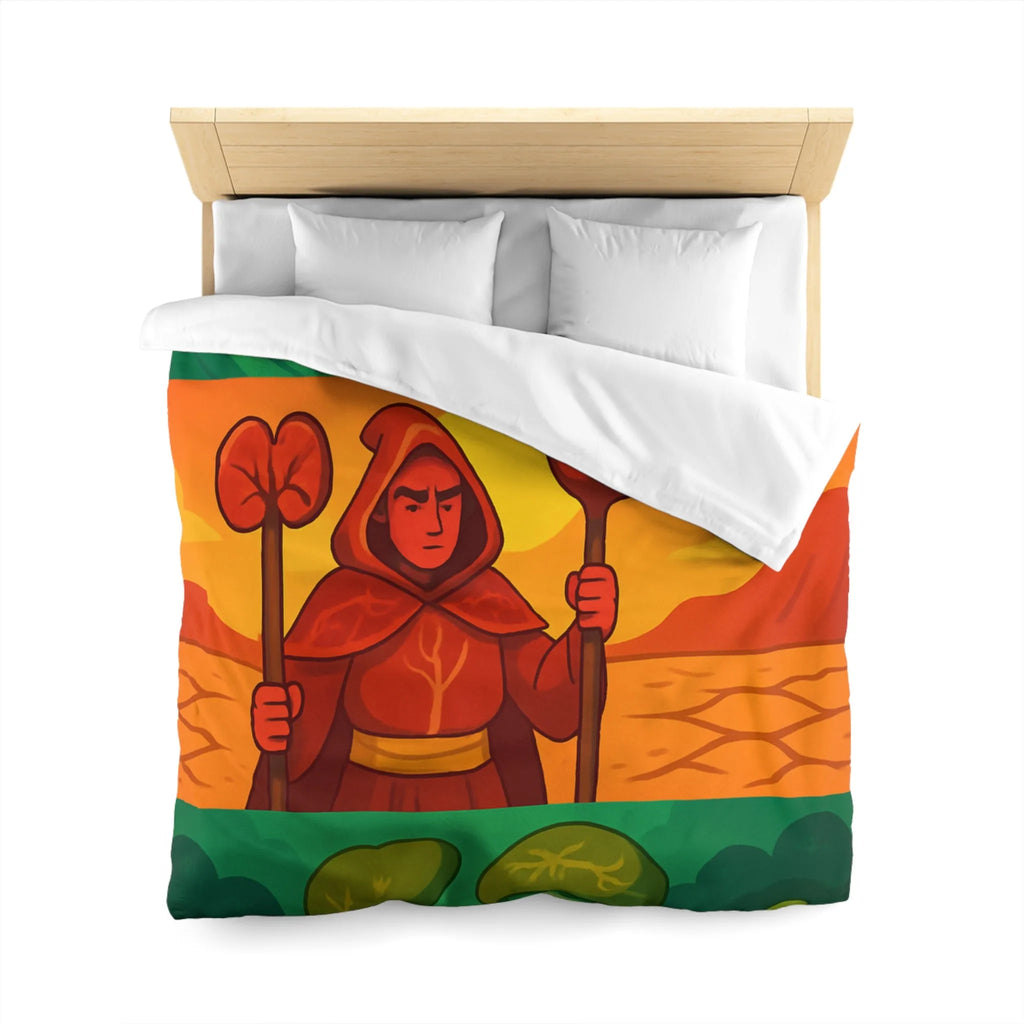 Housse de couette colorée avec trois mages, nature et paysages stylisés, ambiance apaisante