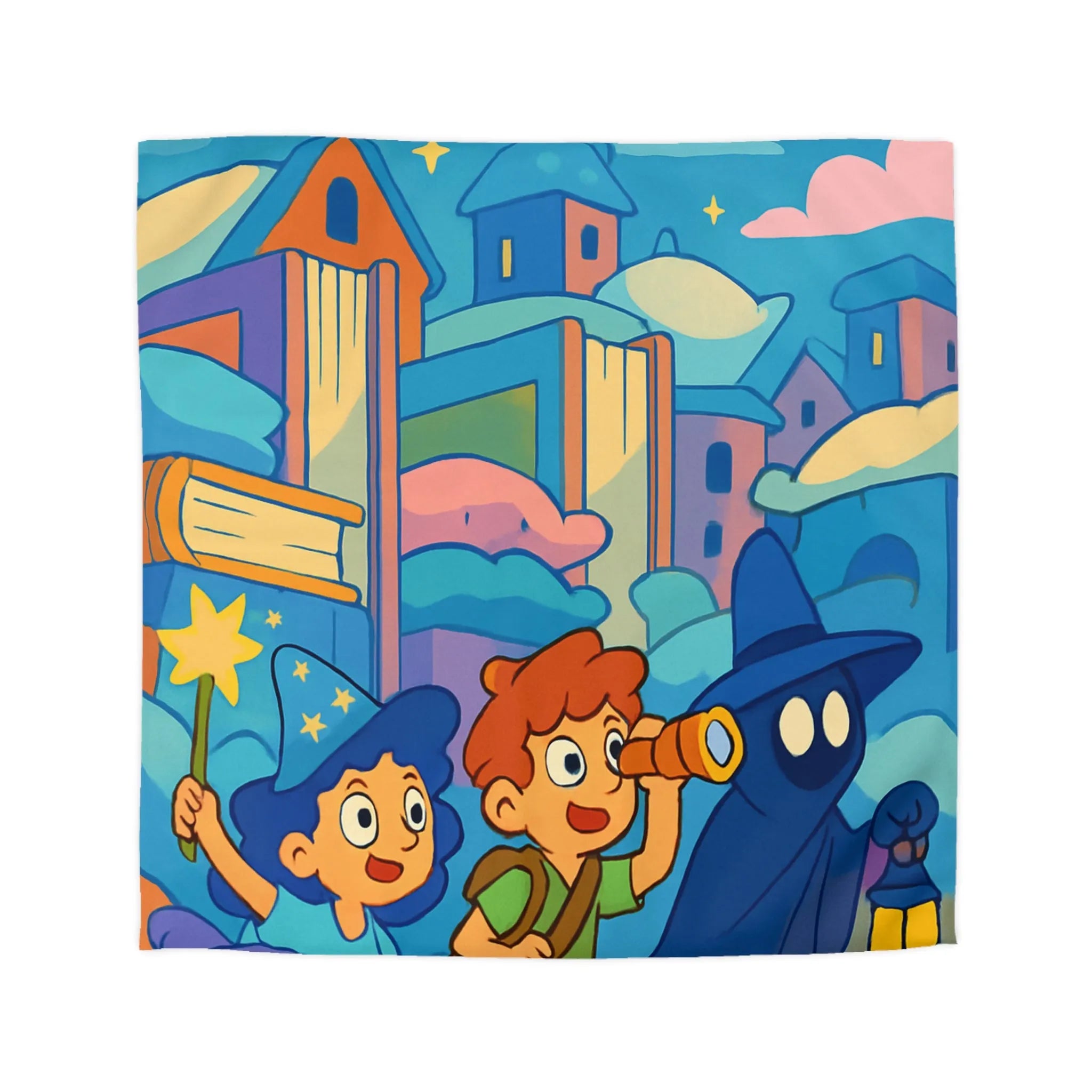 Housse de couette magique enfants avec illustration de sorcier, château et ciel étoilé