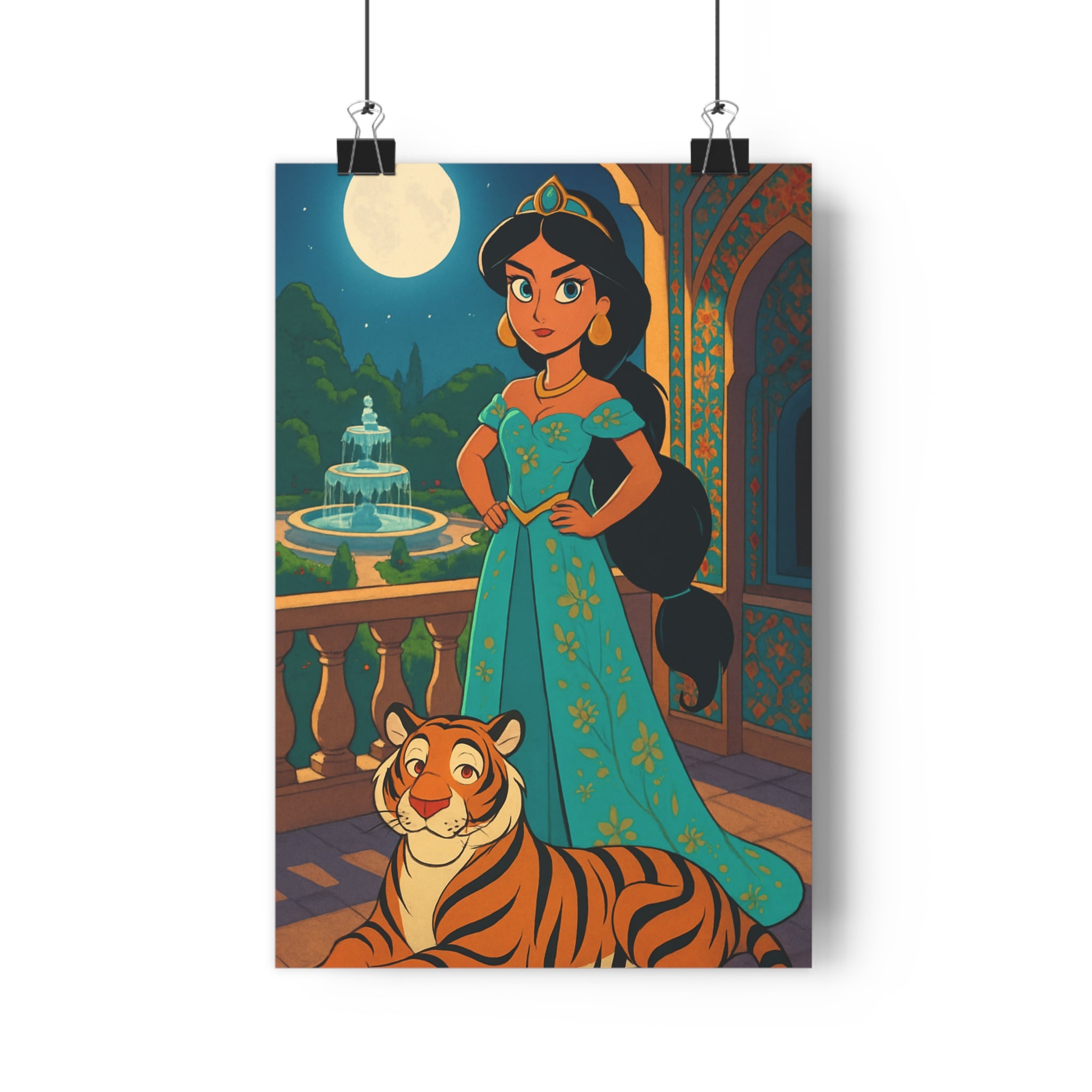 Poster décoratif scène orientale turquoise mystique salon chambre art exotique lumineux élégant tigre balcon