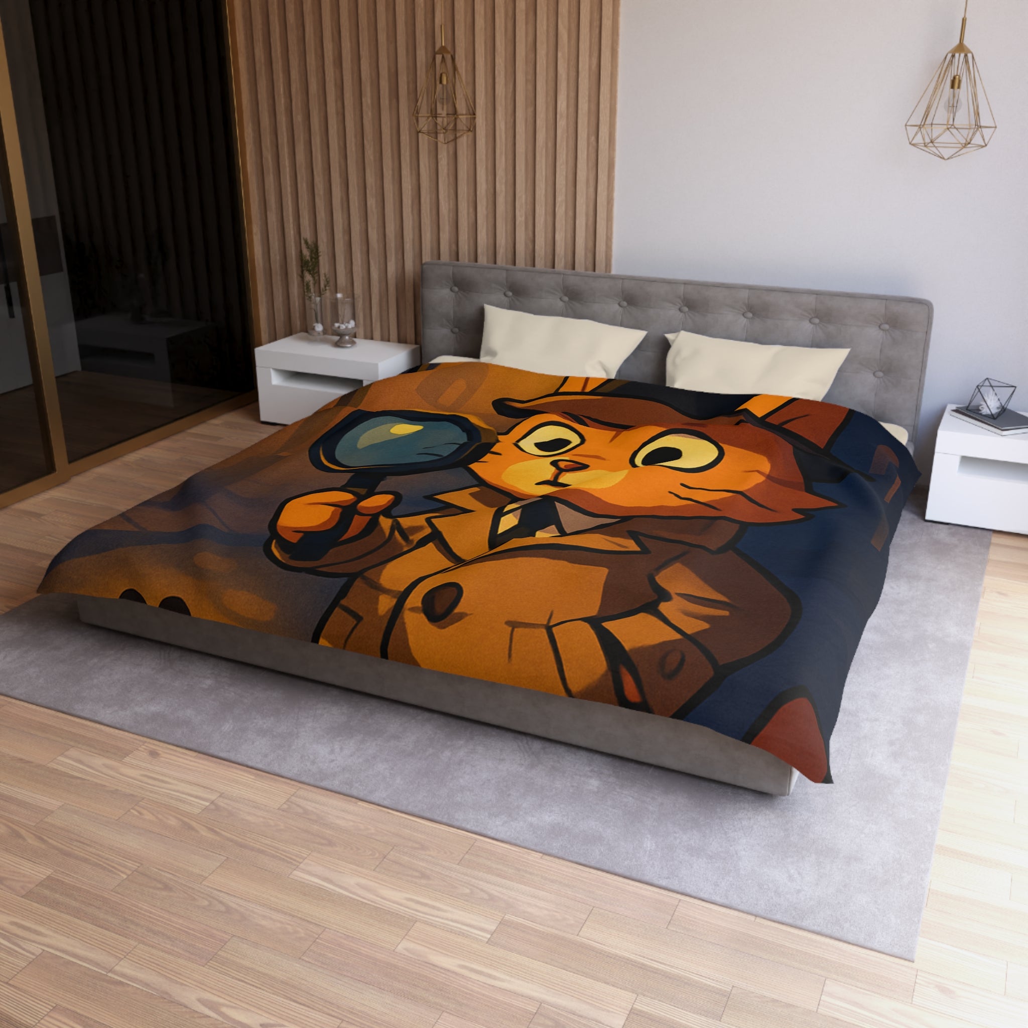 Housse de couette motif chat détective illustré avec lampe et empreinte mystérieuse