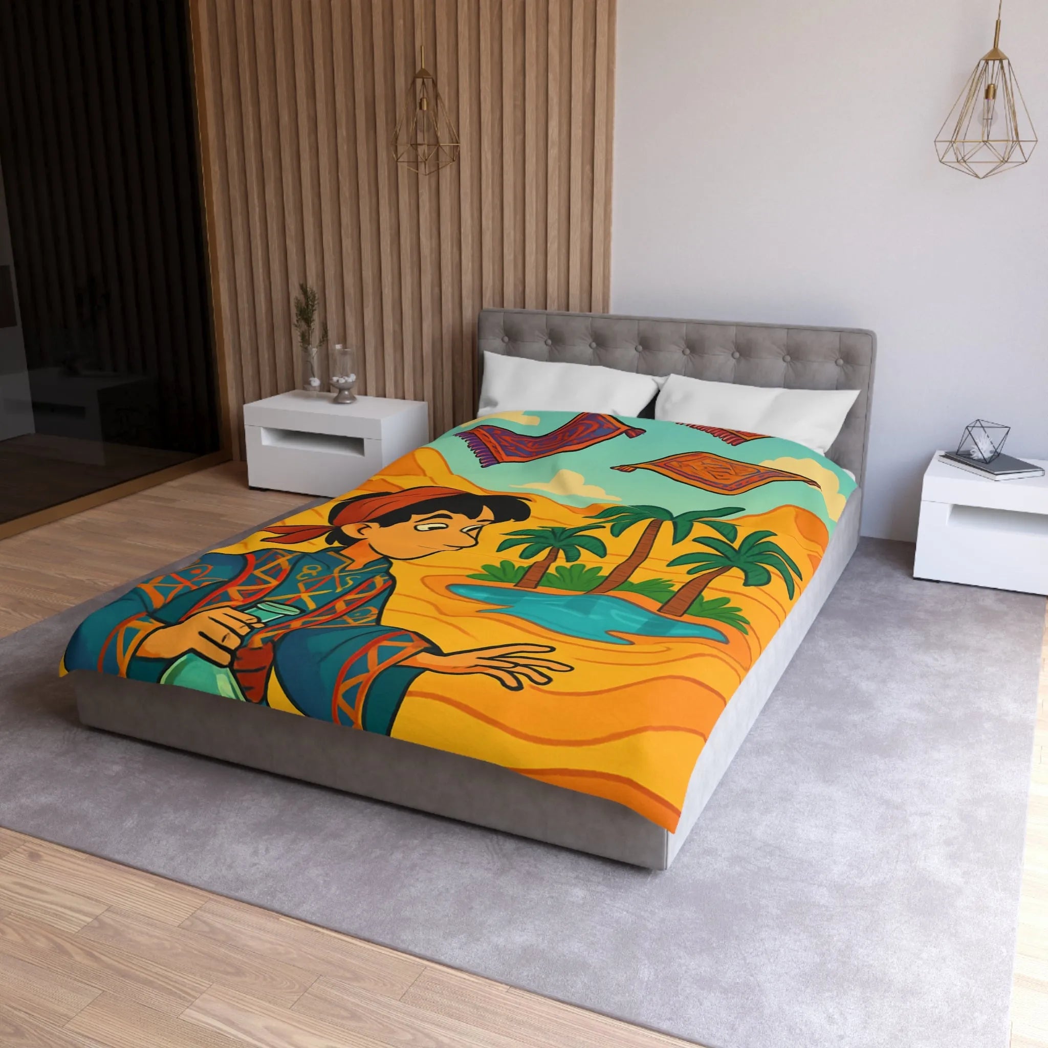 Housse de couette magique avec tapis volants et oasis sous ciel bleu désertique