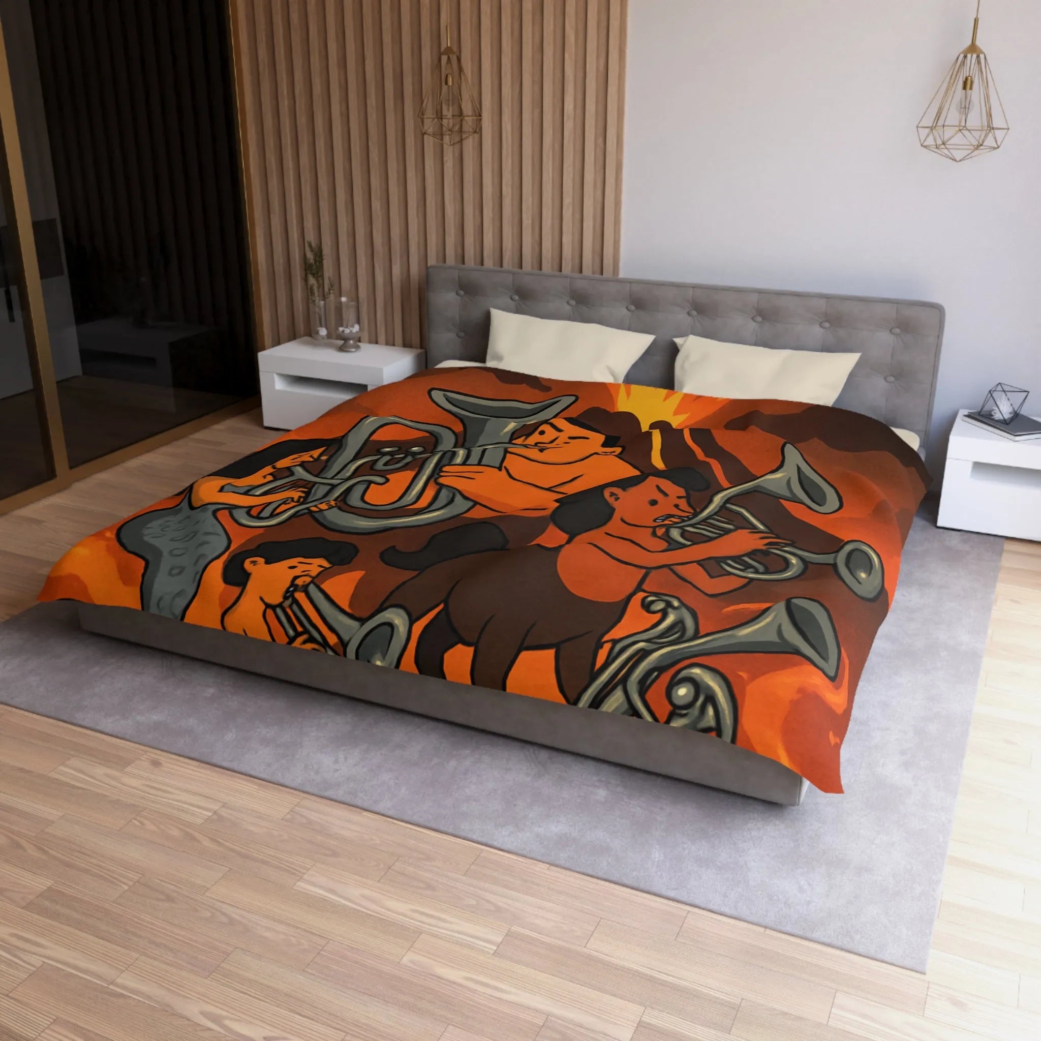 Housse de couette avec design mythique de musiciens sur fond volcanique flamboyant
