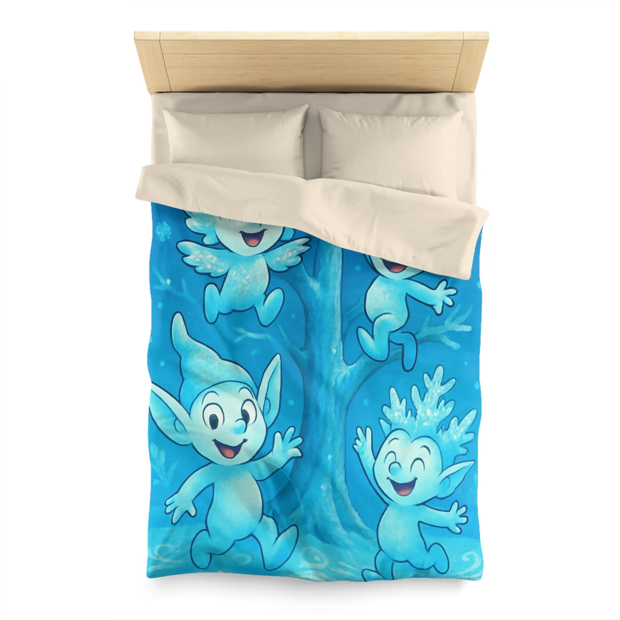 Housse de couette féerique avec lutins bleus dans forêt enchantée hivernale et magique