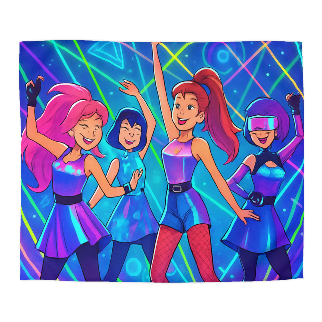 Housse de couette techno disco avec danseuses rétro en néons et figures géométriques