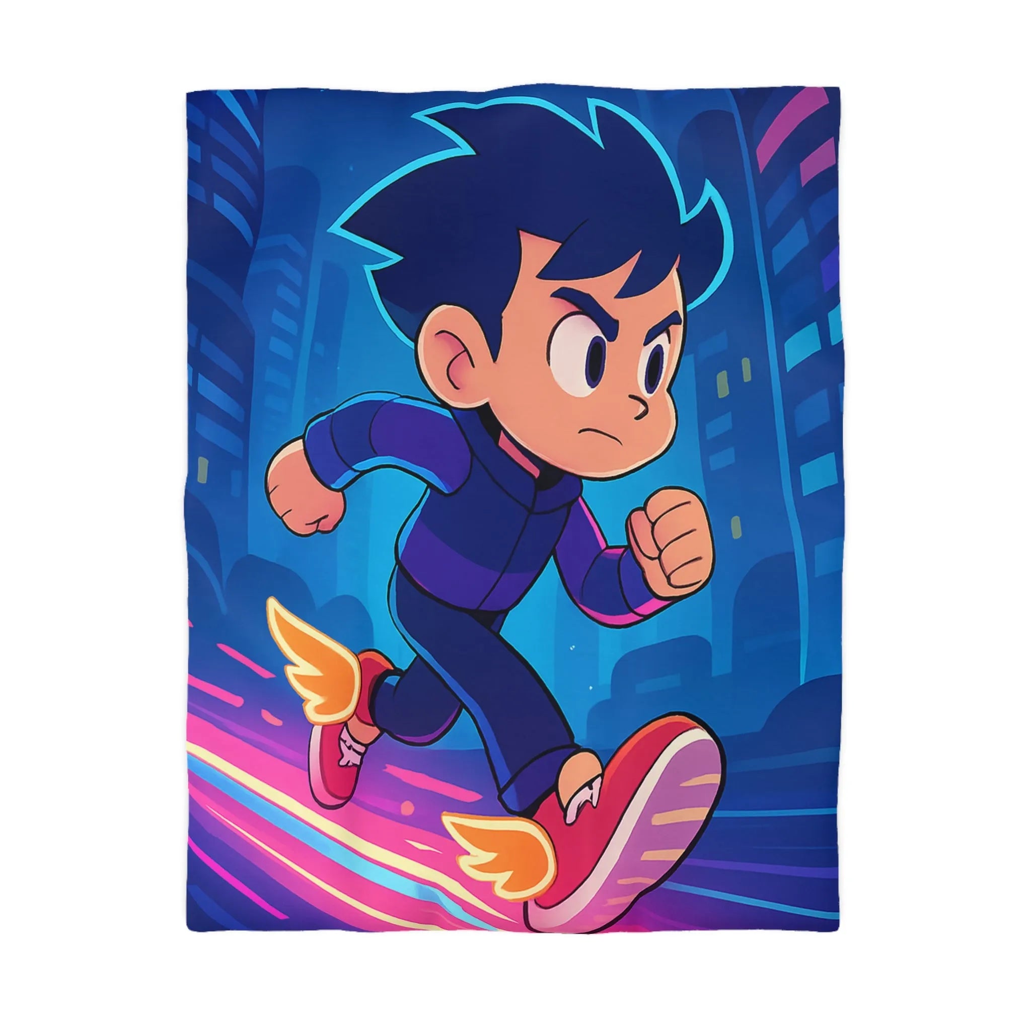 Housse de couette dynamique avec personnage animé courant dans ville futuriste nocturne