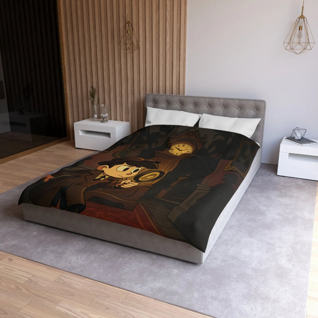 Housse de couette détective vintage avec horloge et silhouettes mystérieuses pour ambiance intrigante
