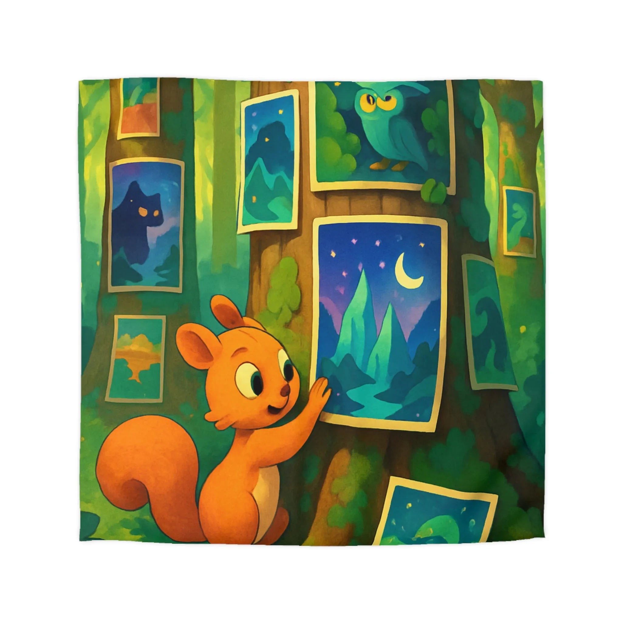 Housse de Couette Enchantée avec Écureuil et Tableaux Nocturnes pour Chambre d'Enfant