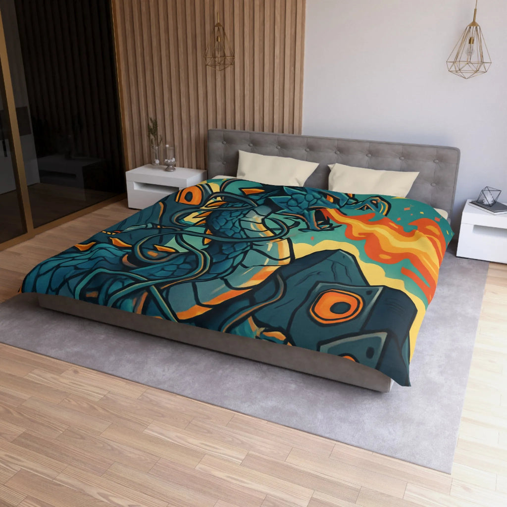 Housse de couette avec dragon fantaisie émettant flammes et musique vibrante rétro