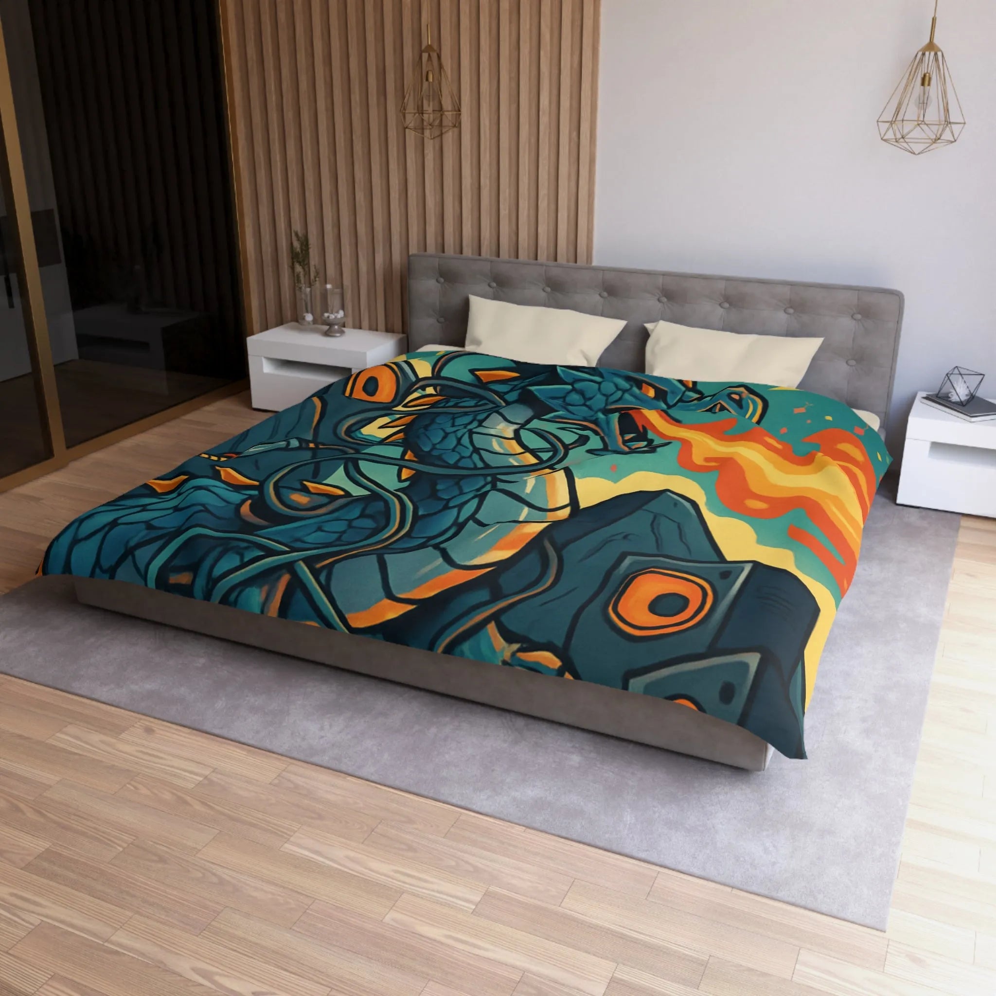 Housse de couette avec dragon fantaisie émettant flammes et musique vibrante rétro