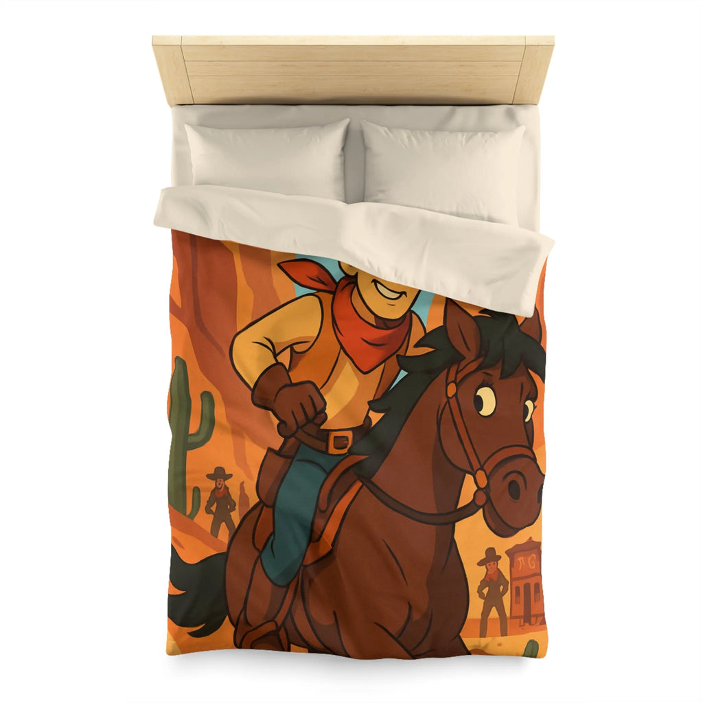 Housse de couette avec cavalier de dessin animé dans paysage désertique occidental