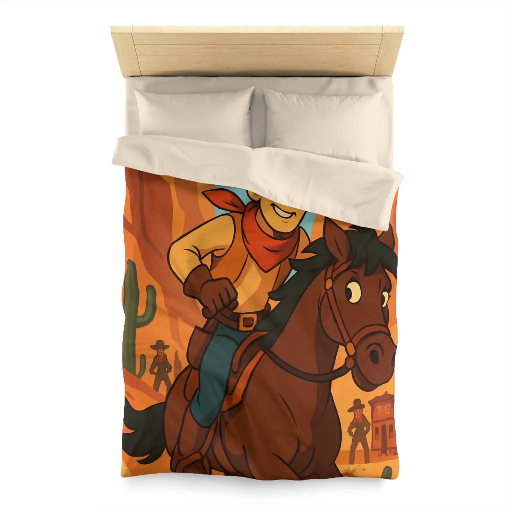 Housse de couette avec cavalier de dessin animé dans paysage désertique occidental