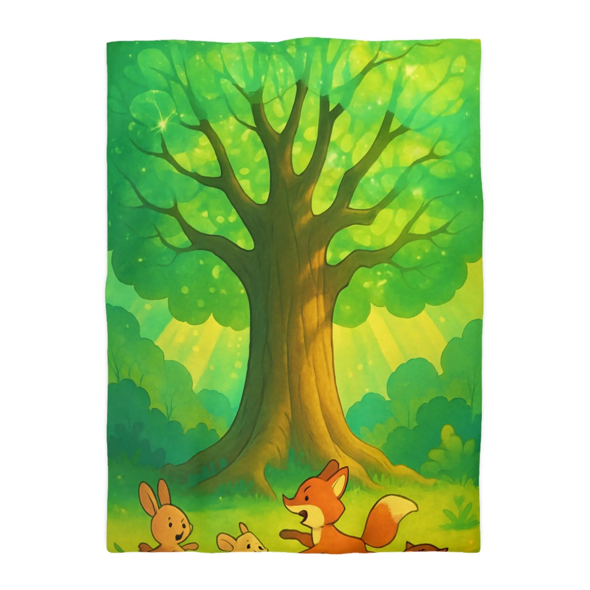 Charmante forêt enchantée avec animaux espiègles sous un majestueux arbre scintillant illustré