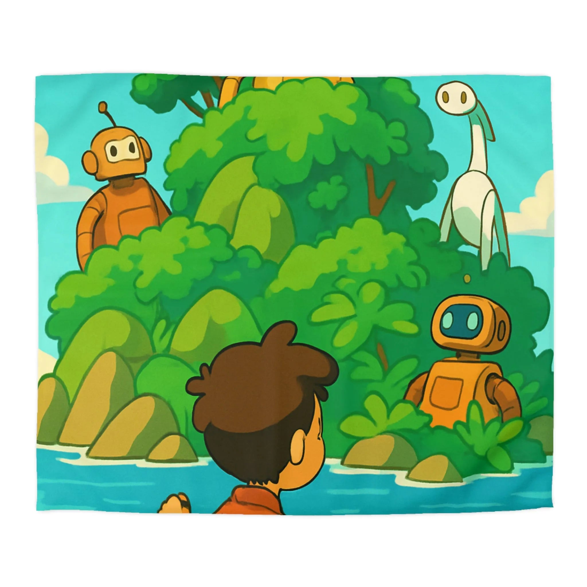 Housse de couette avec robots ludiques et enfant en bateau sur lac serein