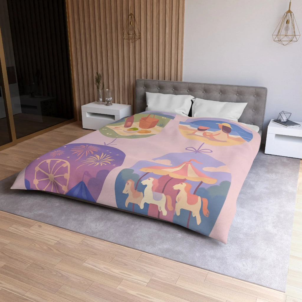 Douce Housse de Couette avec Scènes de Nature et Loisir Pastel Évoquant Sérénité