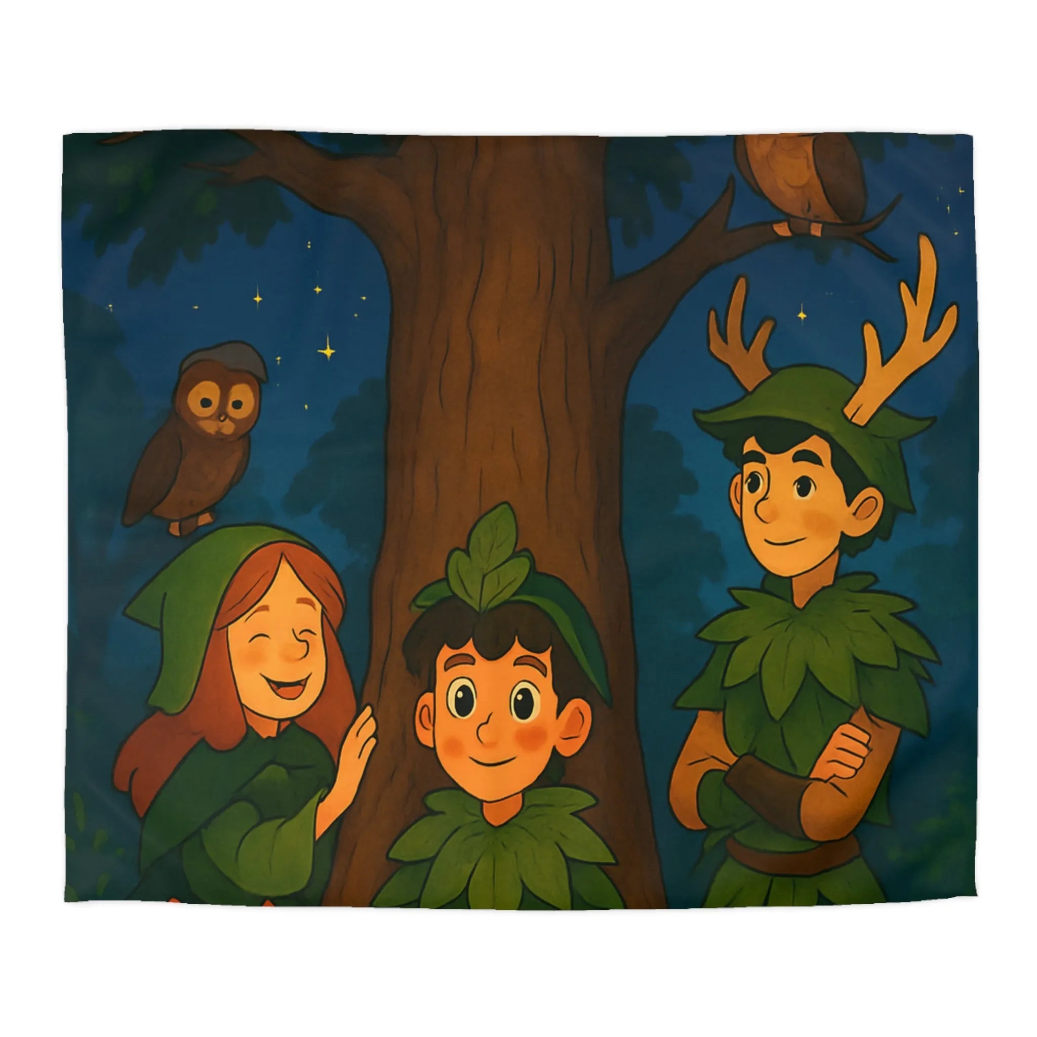 Housse de Couette Forêt Enchantée avec Animaux, Arbre et Enfants en Tenues Végétales