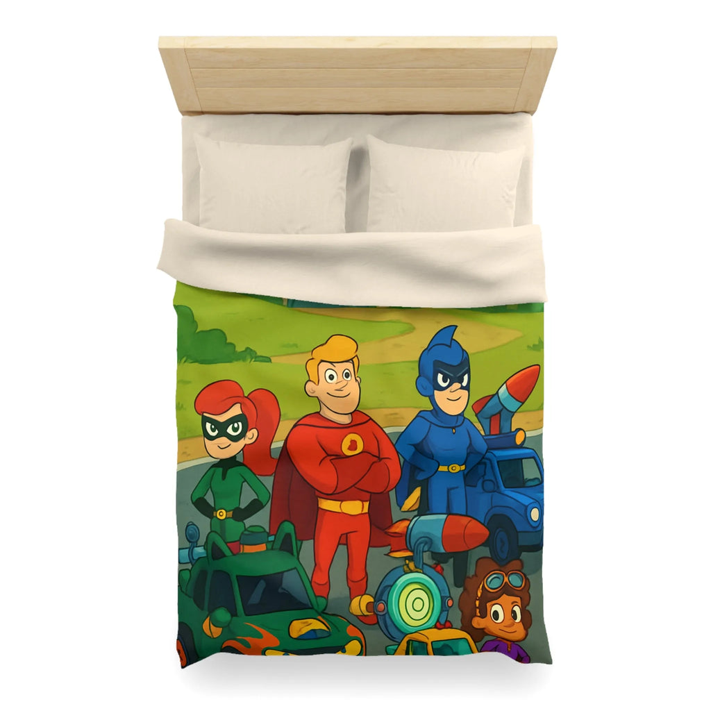 Housse de couette enfant avec super-héros et véhicules colorés dans paysage cartoon vibrant