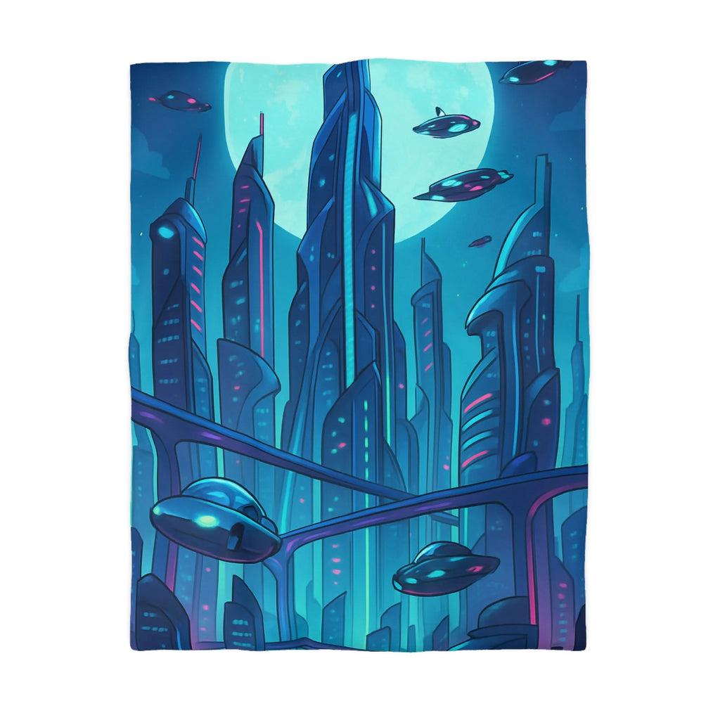 Housse de couette futuriste avec ville néon et vaisseaux spatiaux sous pleine lune